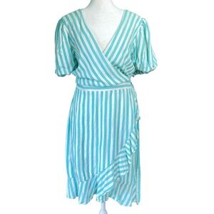 Draper James RSVP Wrap Dress Linen Blend Mint Striped Puff Sleeve (Size XL)